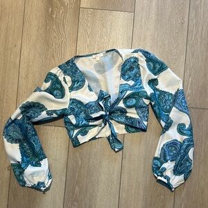 Love Tree Blue Long Sleeve Crop Blouse